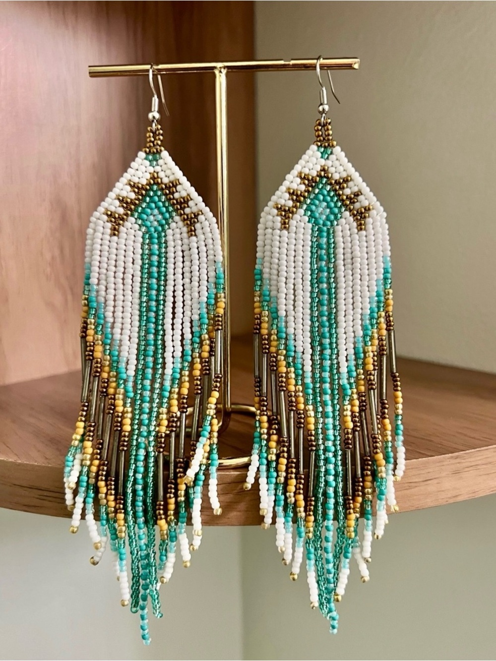 Beachy Bohemian White and Teal Seed Bead Fringe Earrings